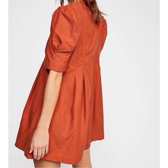 Free People Adela Tunic Mini Dress Tie Front Puff Sleeve Brick Orange Small - Picture 3 of 14